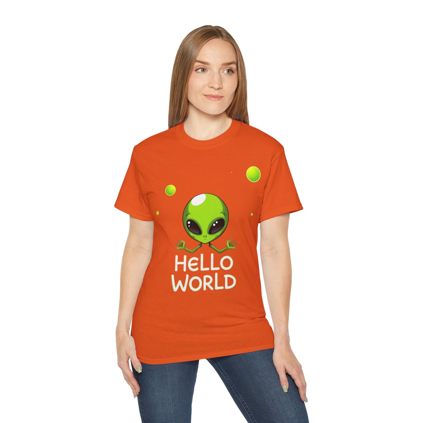 Alien Graphic Tee – "Hello World" Cute Green Alien T‑Shirt