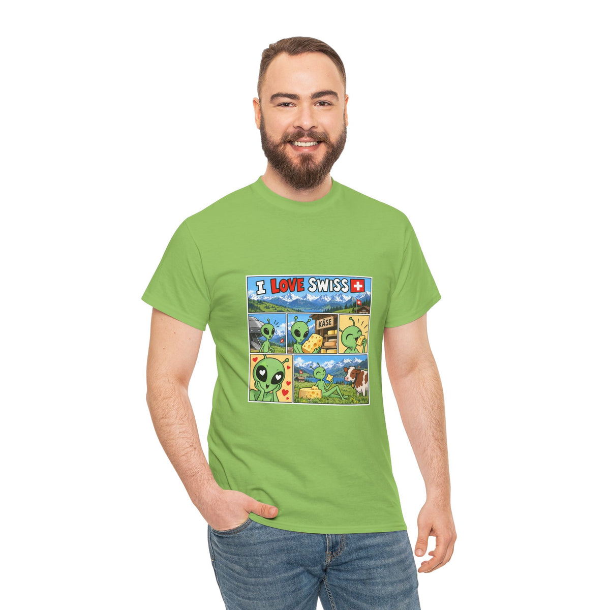 Swiss Comic T-Shirt mit Alien & Kuh – Schweiz Souvenir
