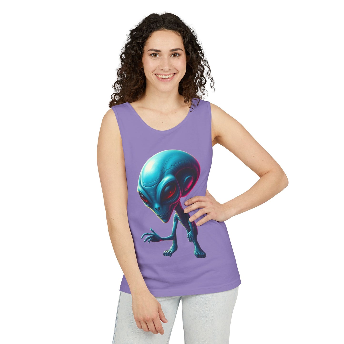 Alien Graphic Tank Top — Neon Blue Extraterrestrial Illustration