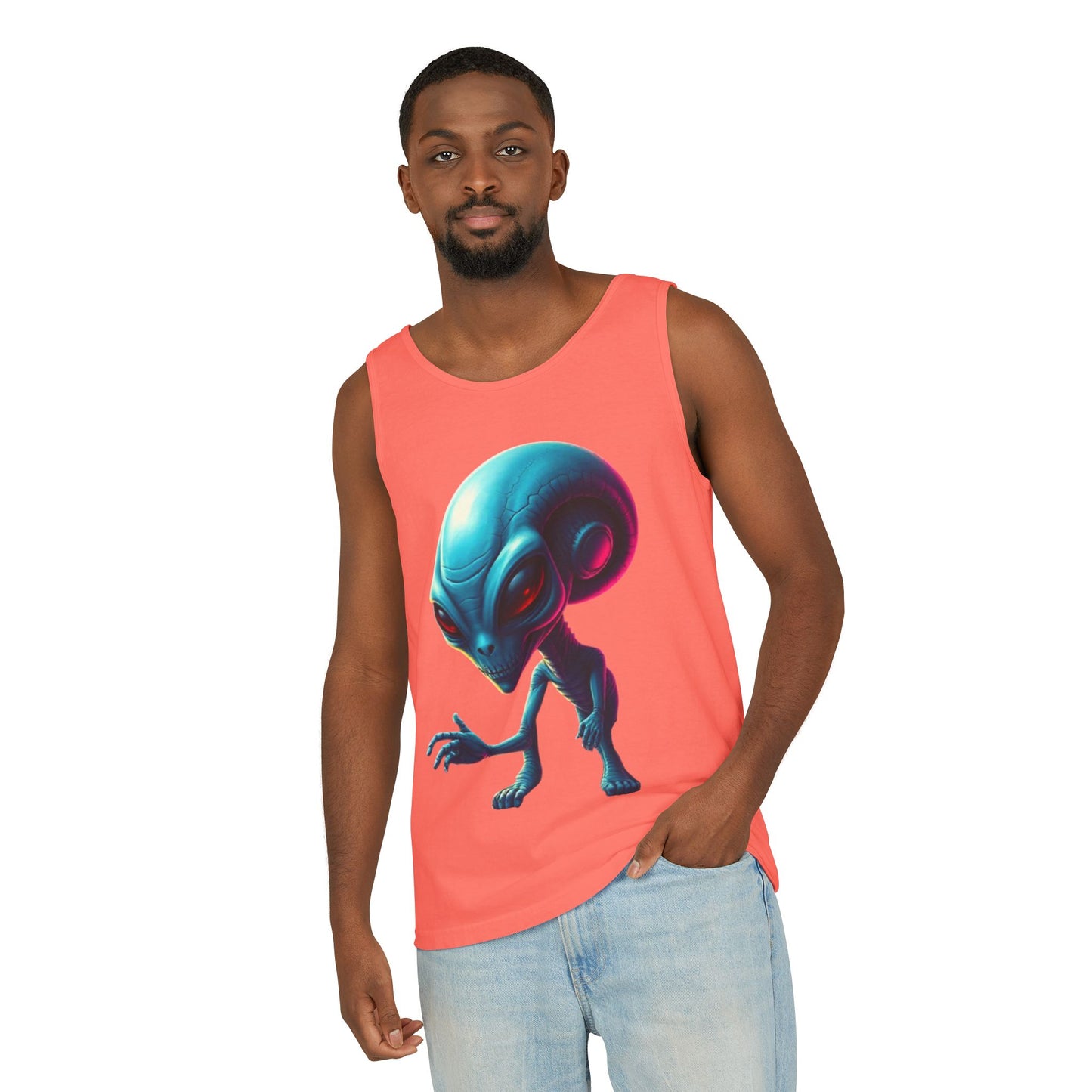 Alien Graphic Tank Top — Neon Blue Extraterrestrial Illustration