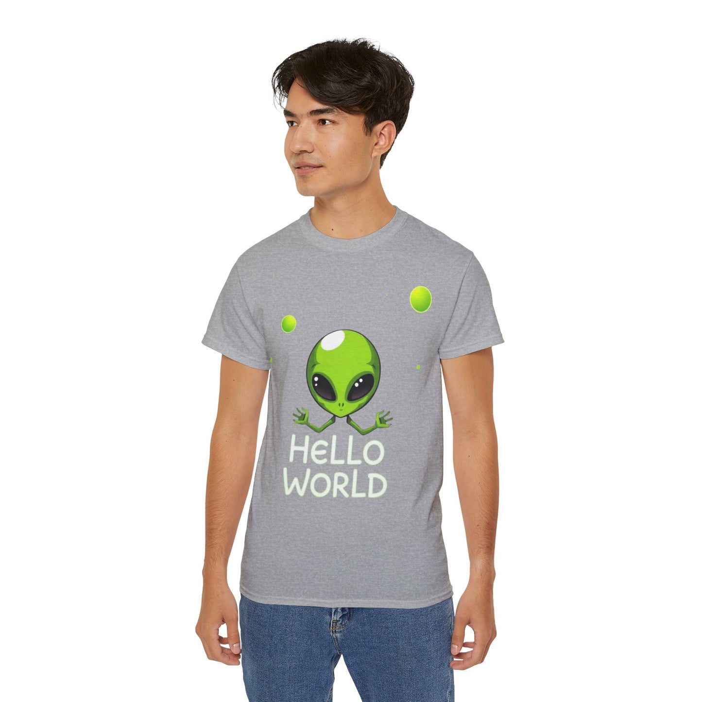 Alien Graphic Tee – "Hello World" Cute Green Alien T‑Shirt
