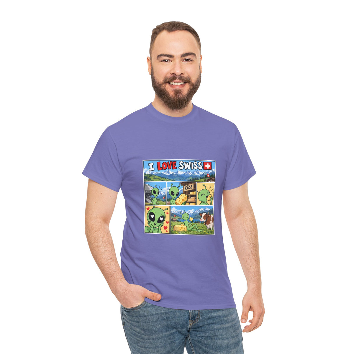 Swiss Comic T-Shirt mit Alien & Kuh – Schweiz Souvenir