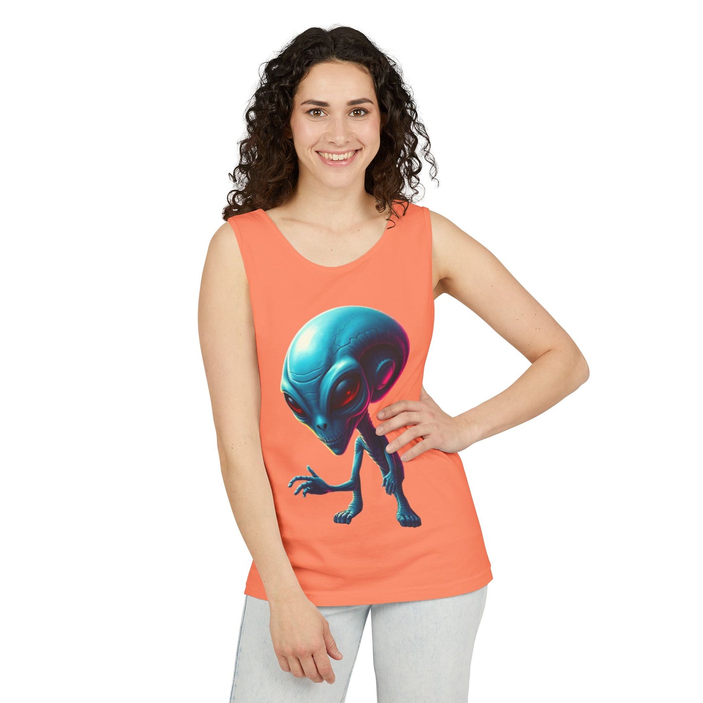 Alien Graphic Tank Top — Neon Blue Extraterrestrial Illustration