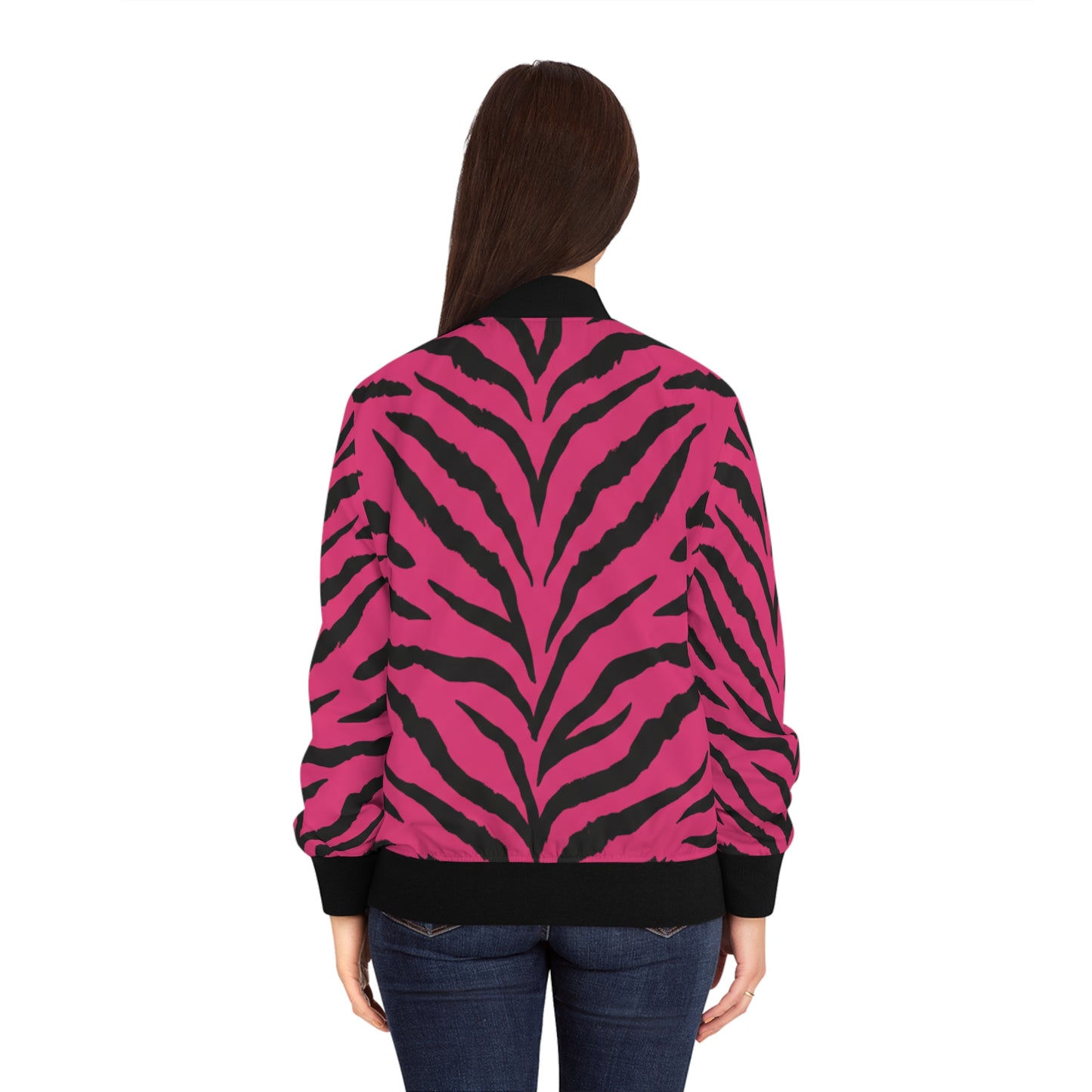 Pink Tiger Stripe Bomber Jacket — Women's Printed Animal-Print AOP Jacket