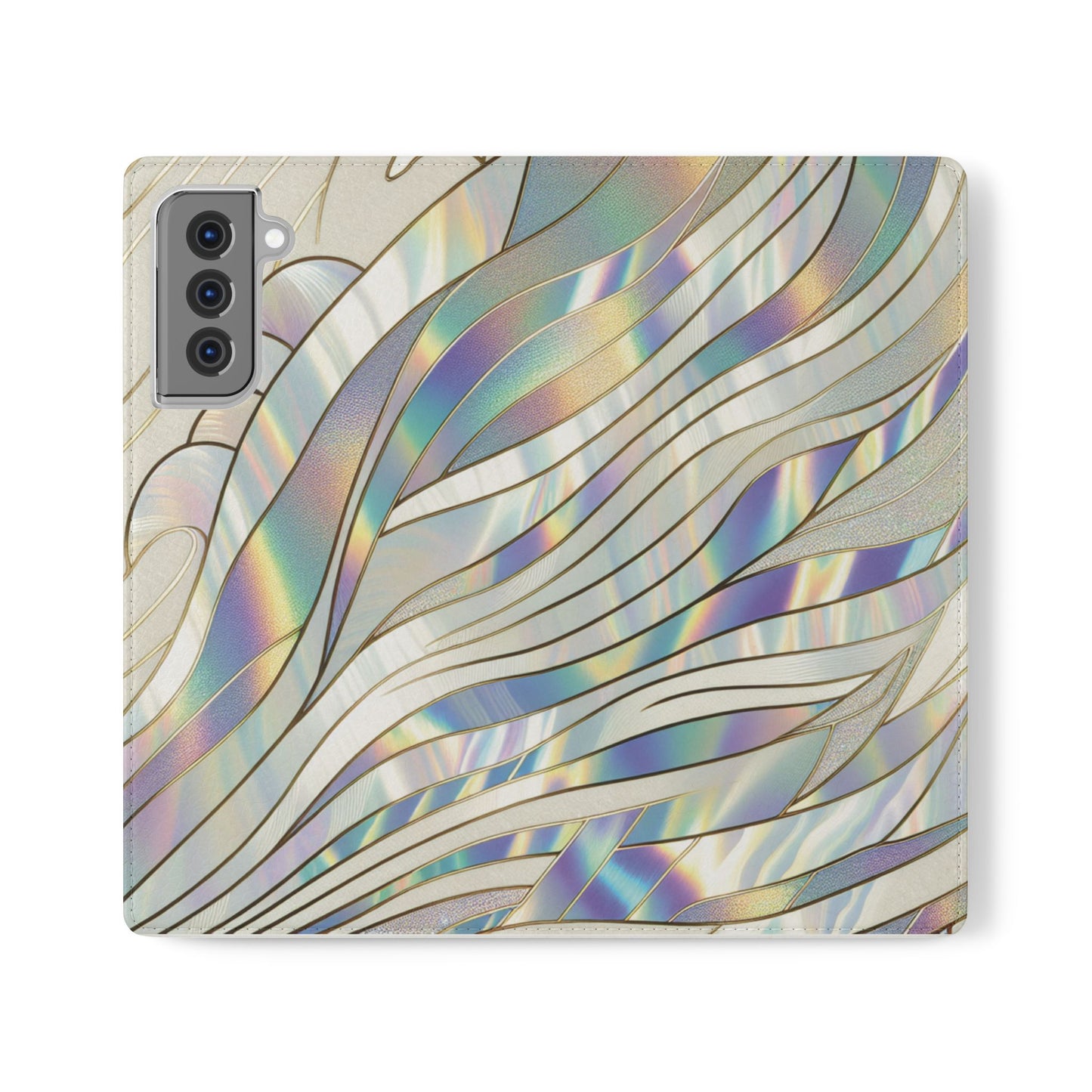 Holographic Wave Flip Phone Case — Iridescent Marble Wallet Cover