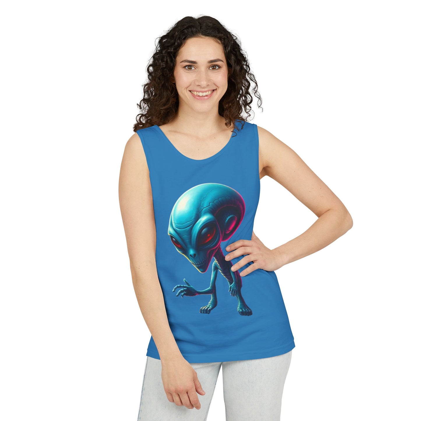 Alien Graphic Tank Top — Neon Blue Extraterrestrial Illustration