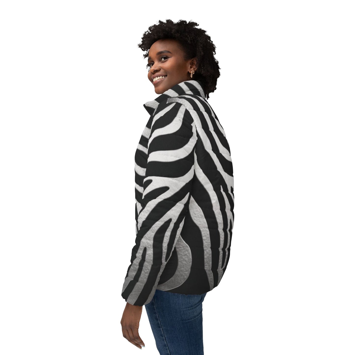 Zebra Print Women's Puffer Jacket – Bold Black & White Winter Coat