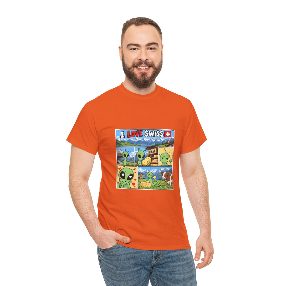 Swiss Comic T-Shirt mit Alien & Kuh – Schweiz Souvenir