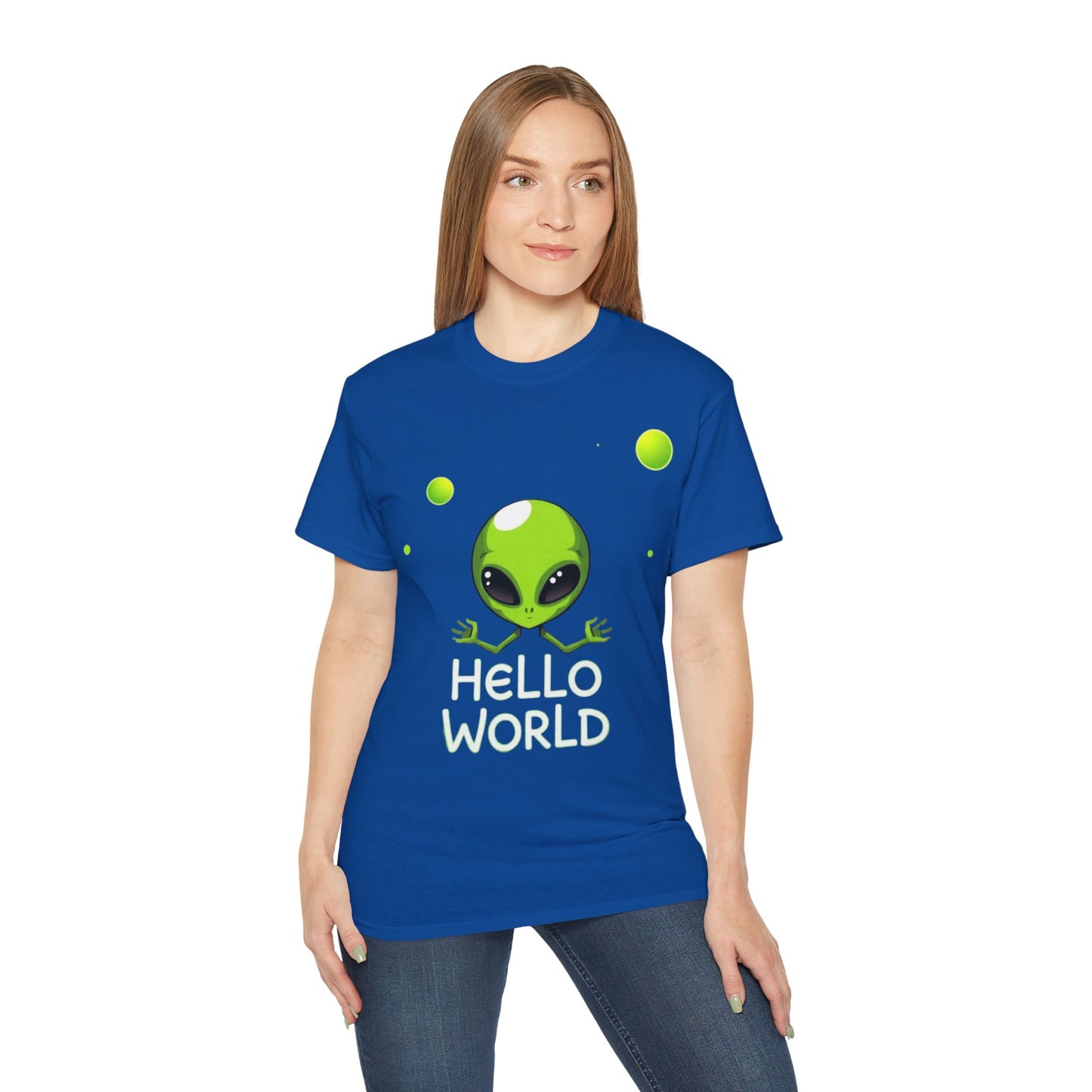Alien Graphic Tee – "Hello World" Cute Green Alien T‑Shirt