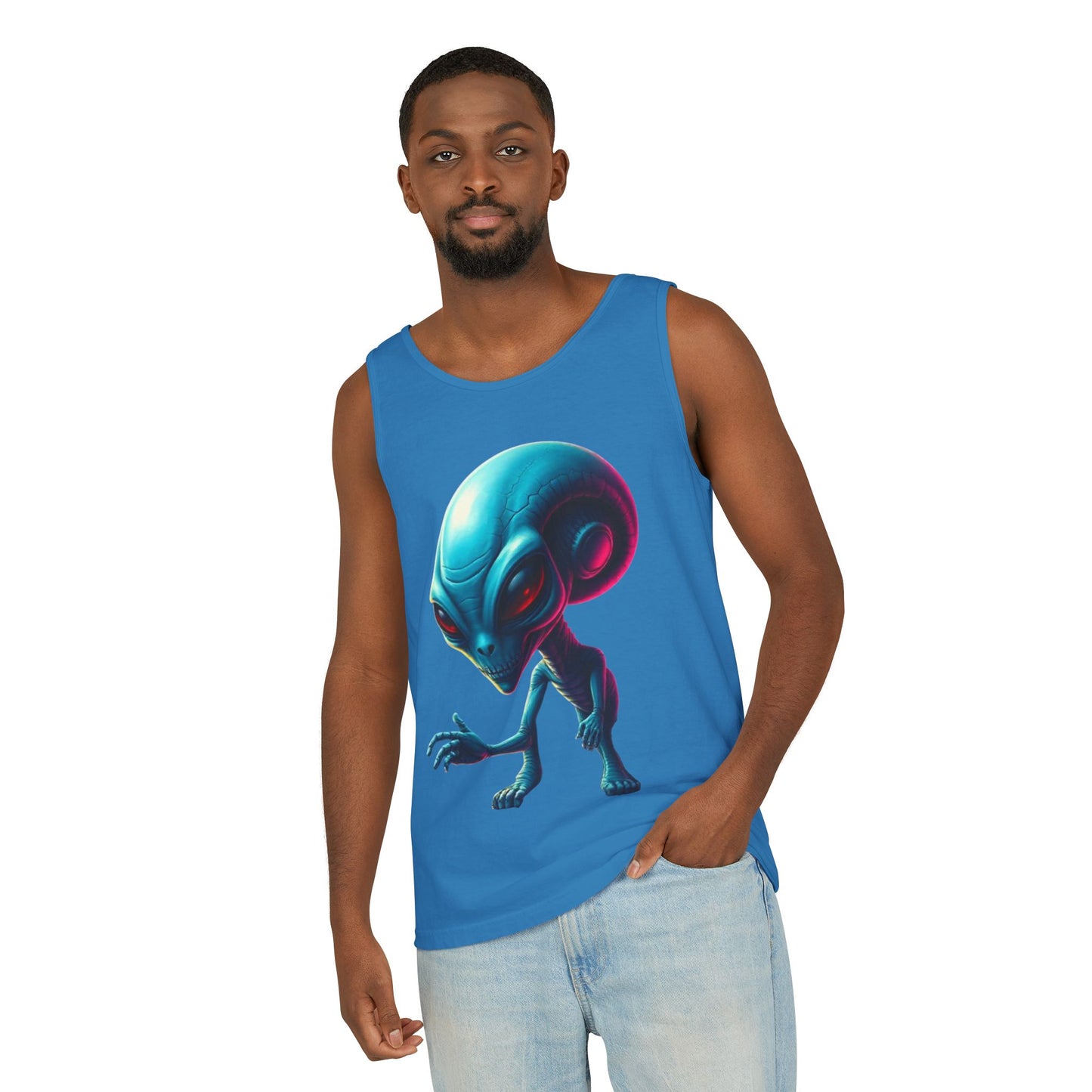 Alien Graphic Tank Top — Neon Blue Extraterrestrial Illustration