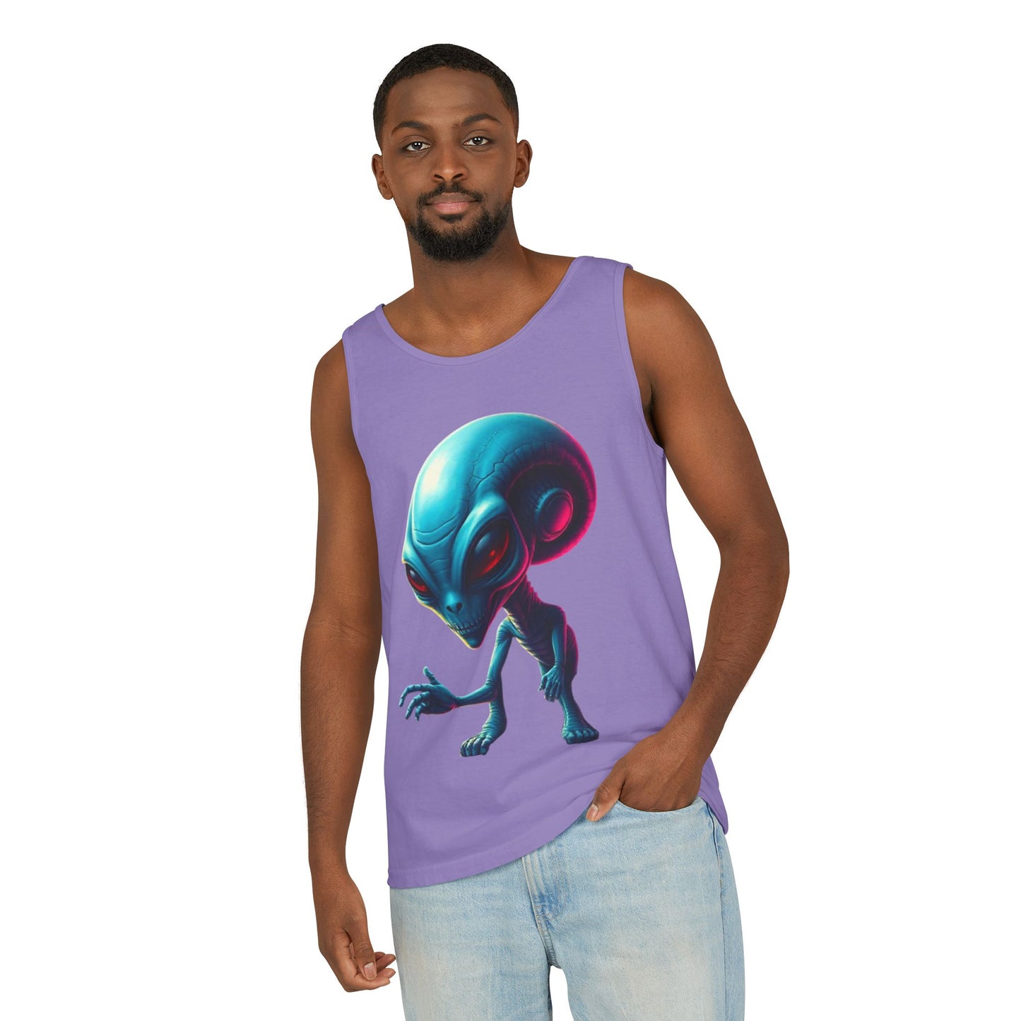 Alien Graphic Tank Top — Neon Blue Extraterrestrial Illustration