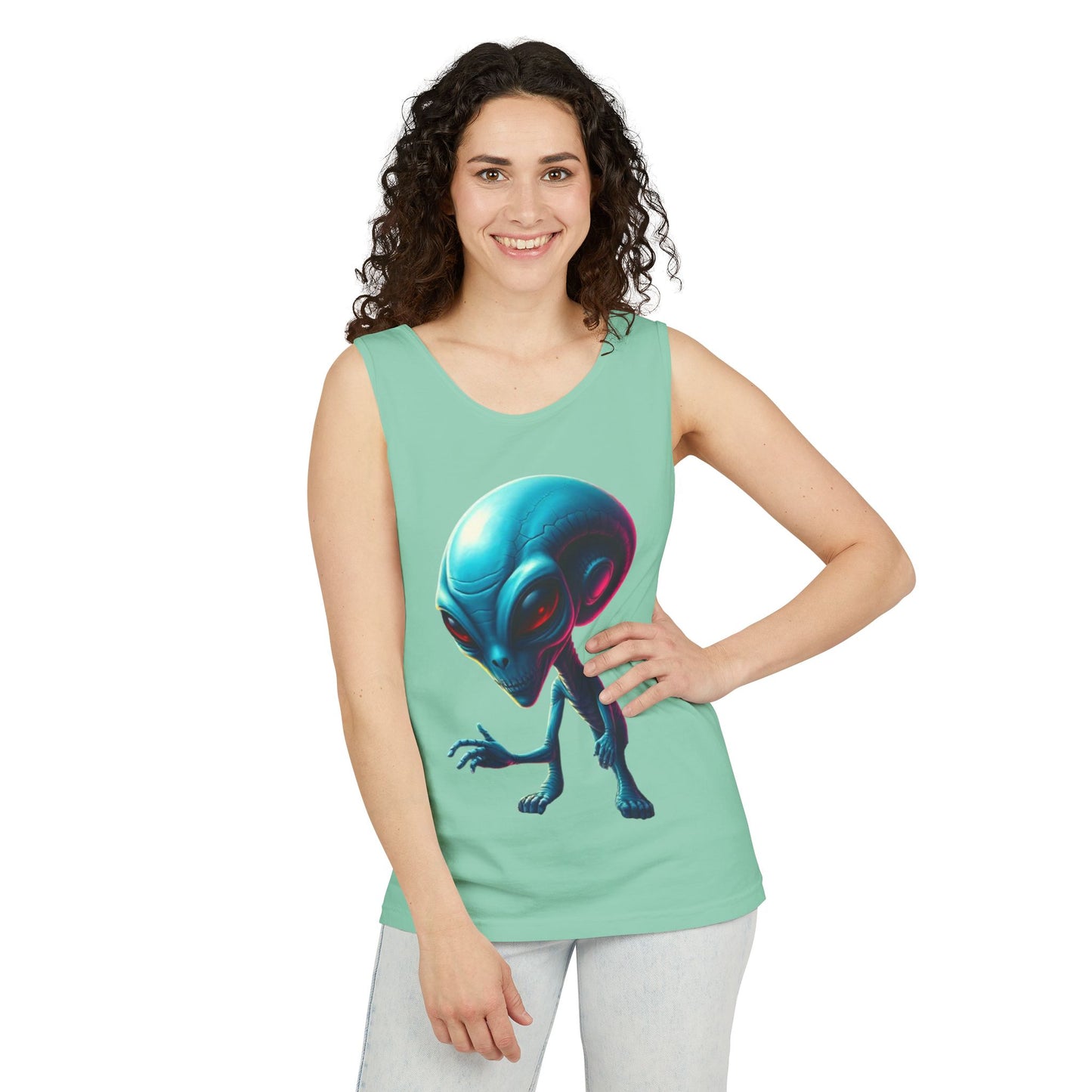 Alien Graphic Tank Top — Neon Blue Extraterrestrial Illustration
