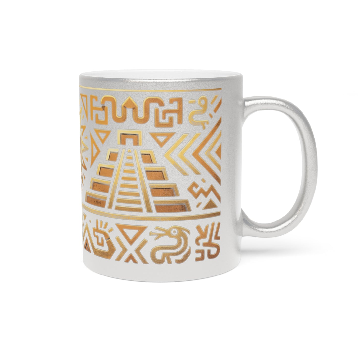 Aztec Sun Metallic Mug — Gold & Silver Tribal Ceramic Coffee Cup