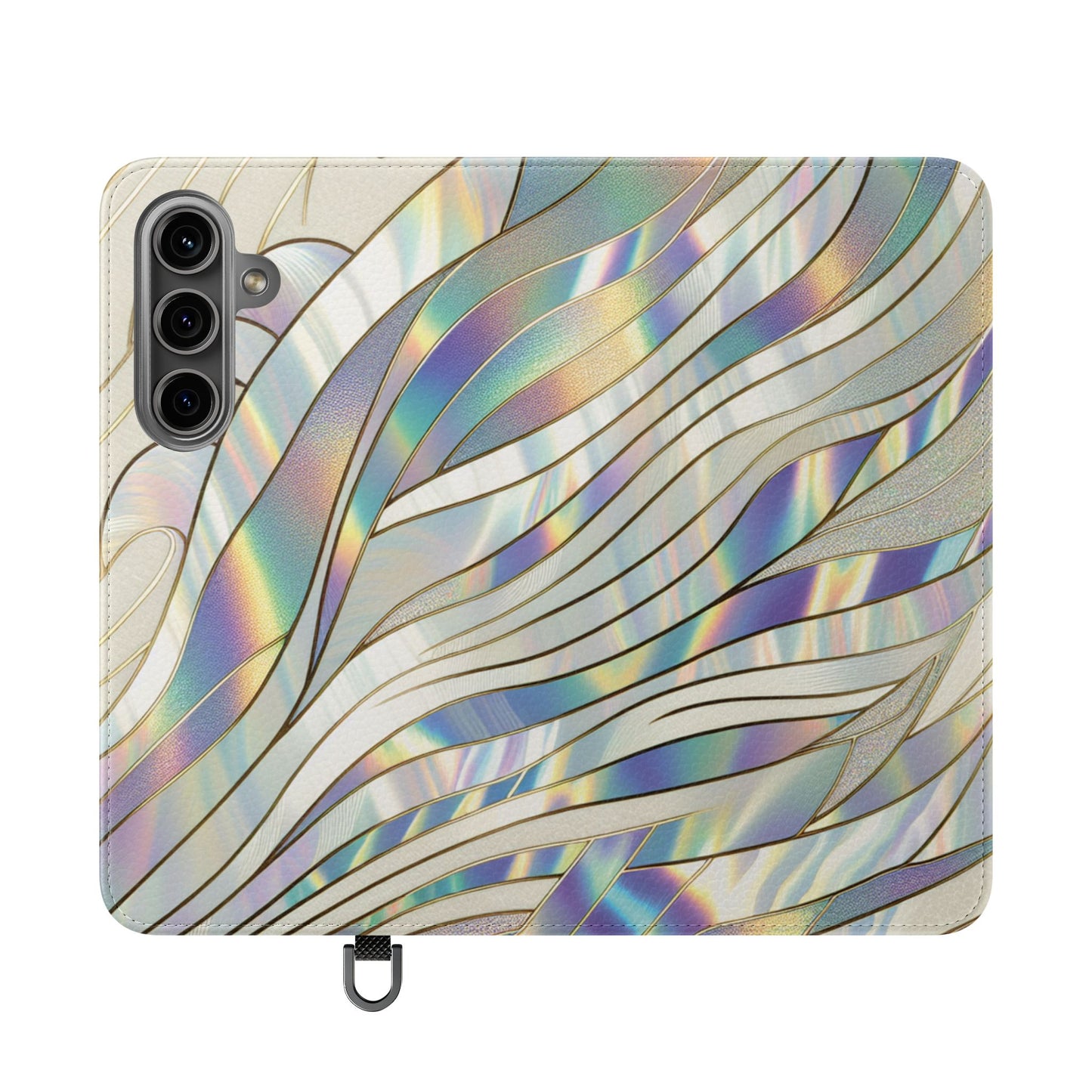 Holographic Wave Flip Phone Case — Iridescent Marble Wallet Cover