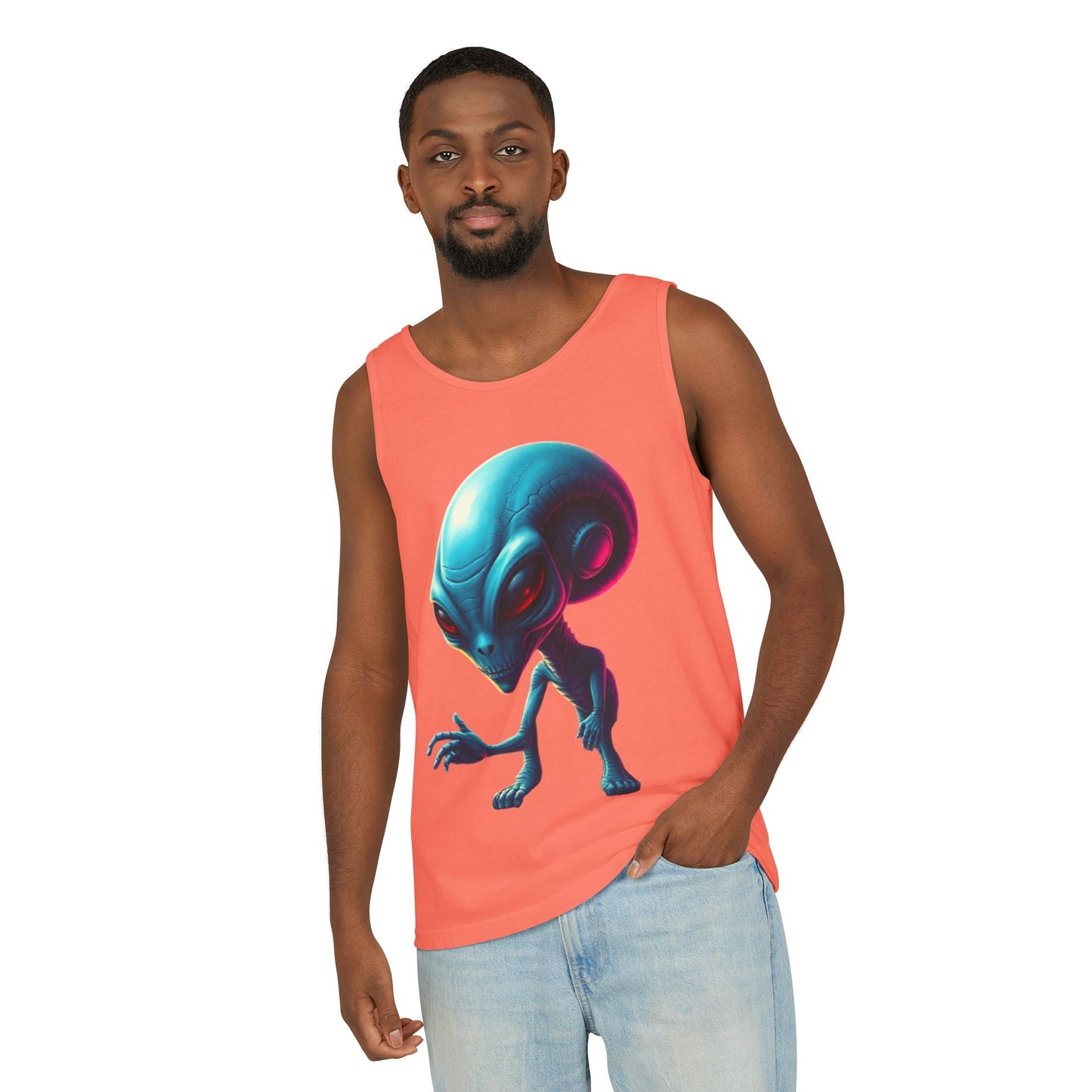 Alien Graphic Tank Top — Neon Blue Extraterrestrial Illustration