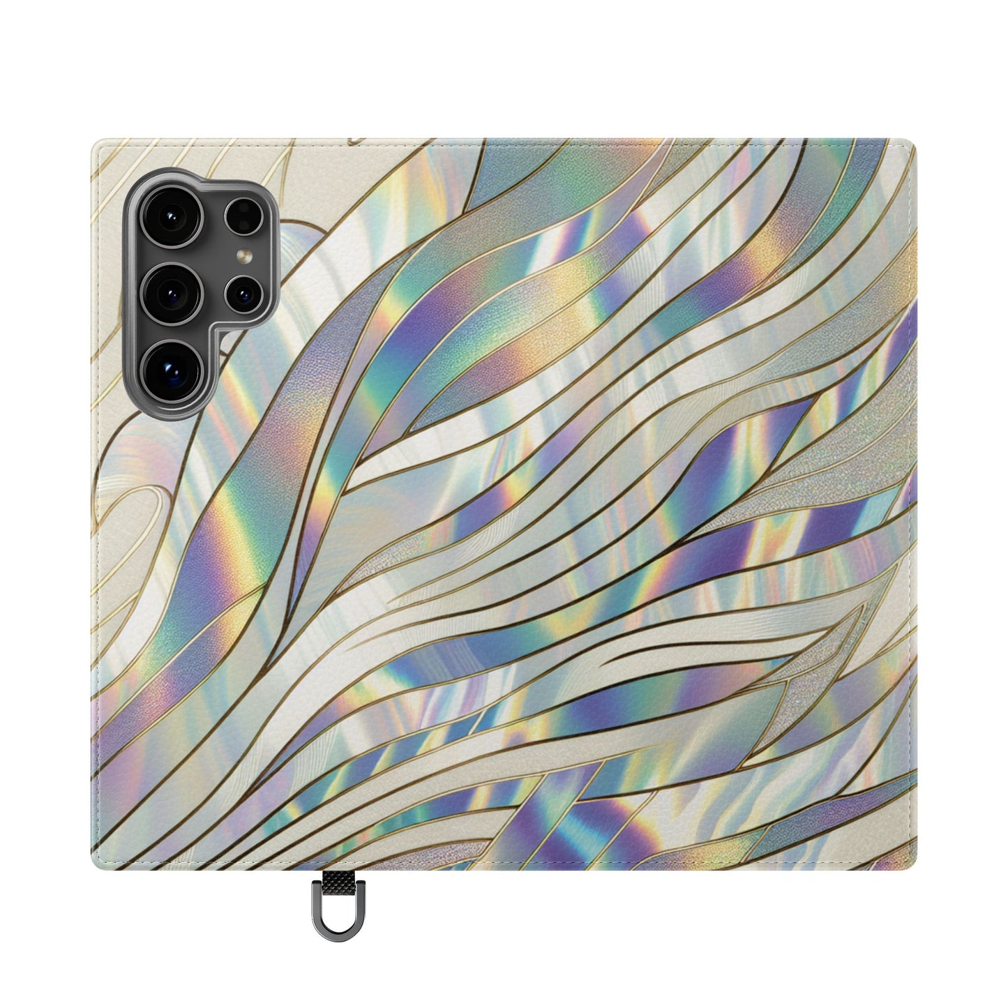 Holographic Wave Flip Phone Case — Iridescent Marble Wallet Cover