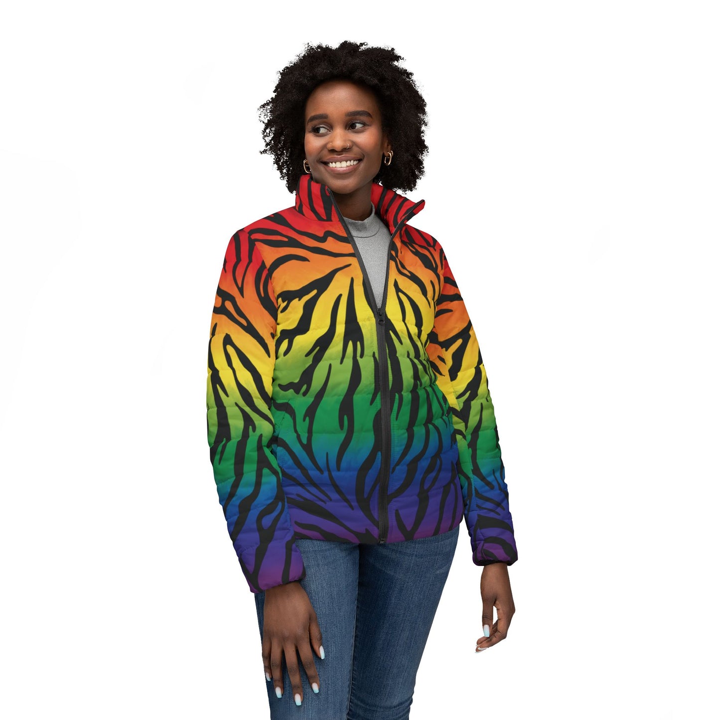Rainbow Zebra Puffer Jacket — Bold Ombre Animal Print Women’s Coat