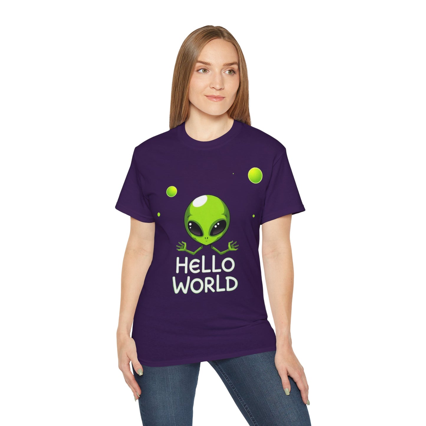 Alien Graphic Tee – "Hello World" Cute Green Alien T‑Shirt