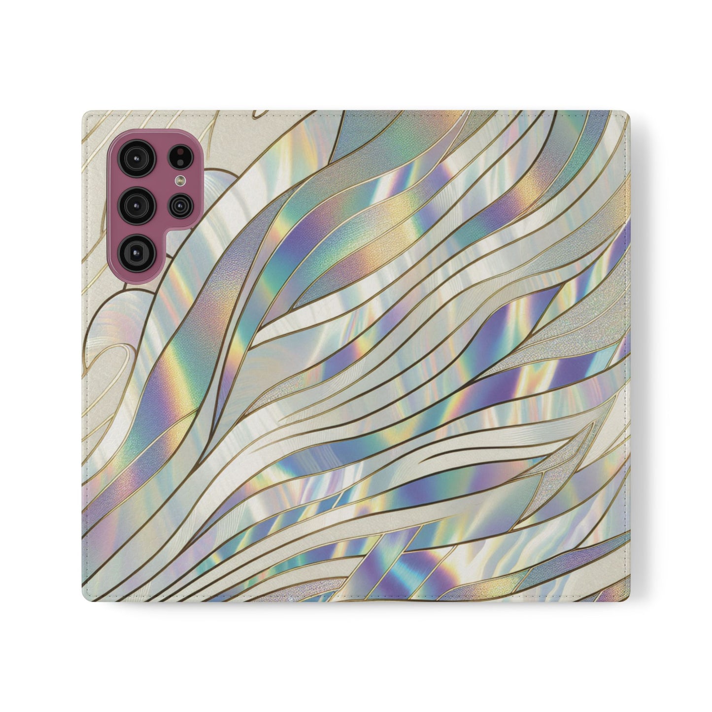 Holographic Wave Flip Phone Case — Iridescent Marble Wallet Cover