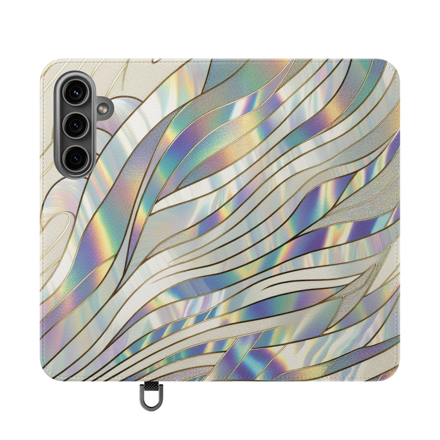 Holographic Wave Flip Phone Case — Iridescent Marble Wallet Cover