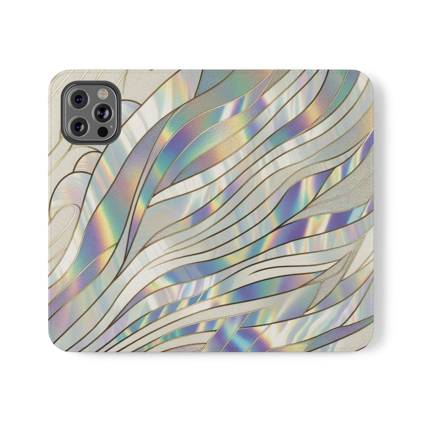 Holographic Wave Flip Phone Case — Iridescent Marble Wallet Cover