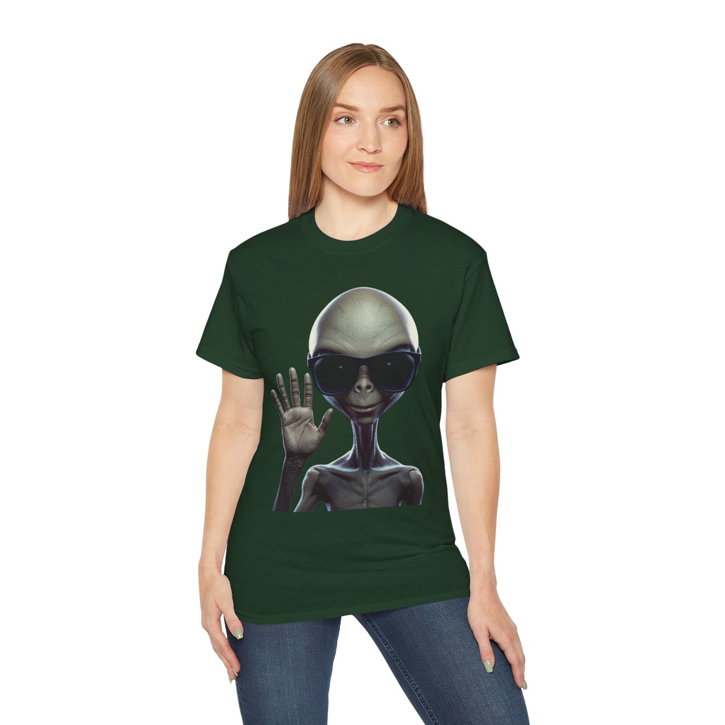 Alien Greeting T-Shirt — Retro Grey Extraterrestrial Waving Graphic Tee