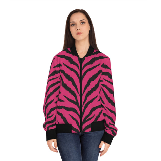 Pink Tiger Stripe Bomber Jacket — Women's Printed Animal-Print AOP Jacket