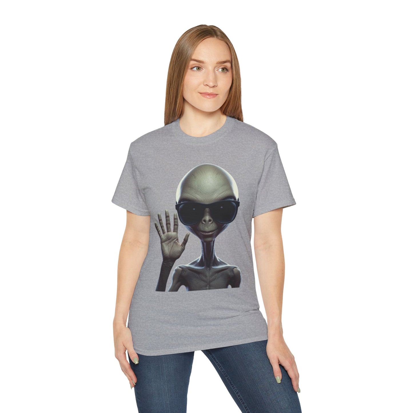 Alien Greeting T-Shirt — Retro Grey Extraterrestrial Waving Graphic Tee