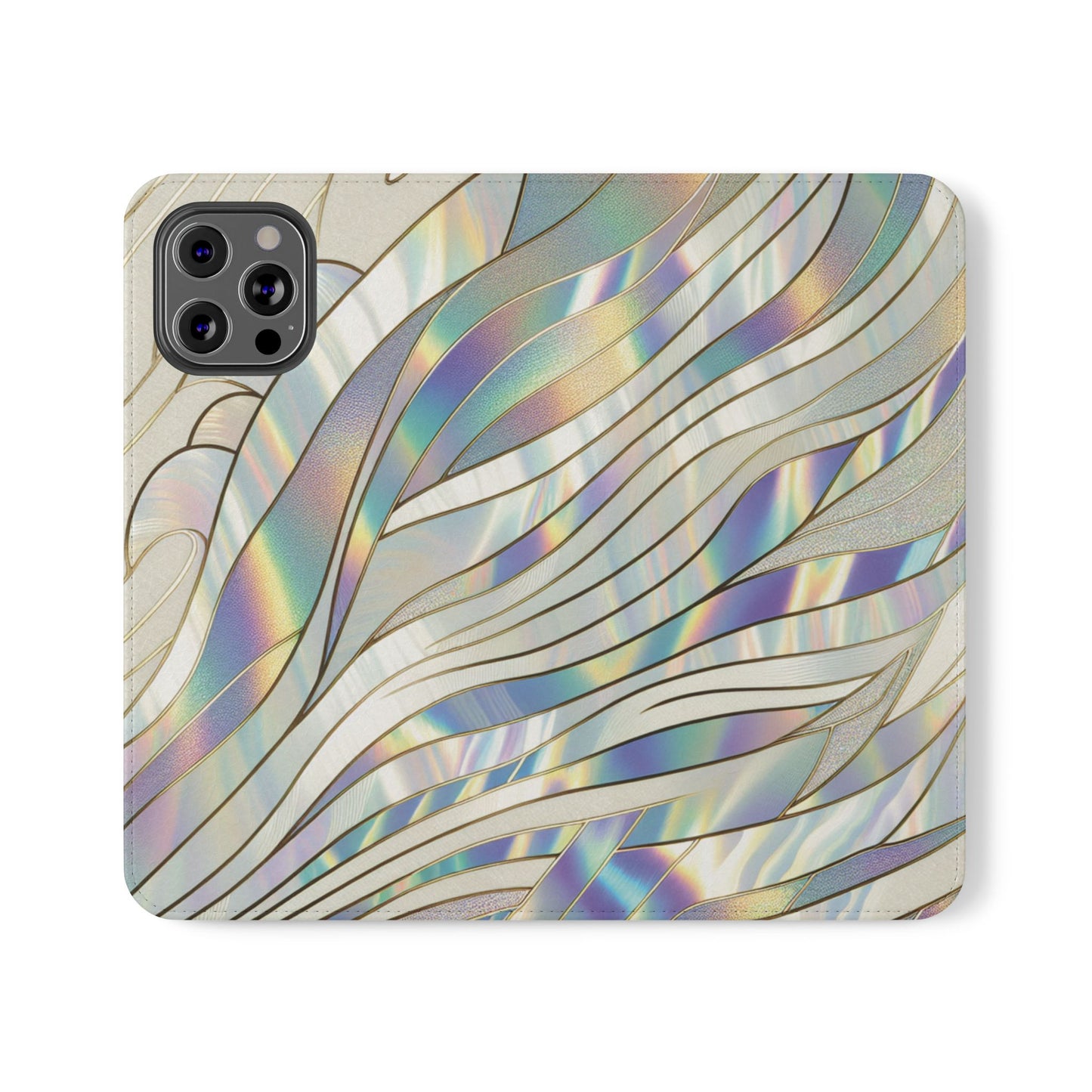 Holographic Wave Flip Phone Case — Iridescent Marble Wallet Cover