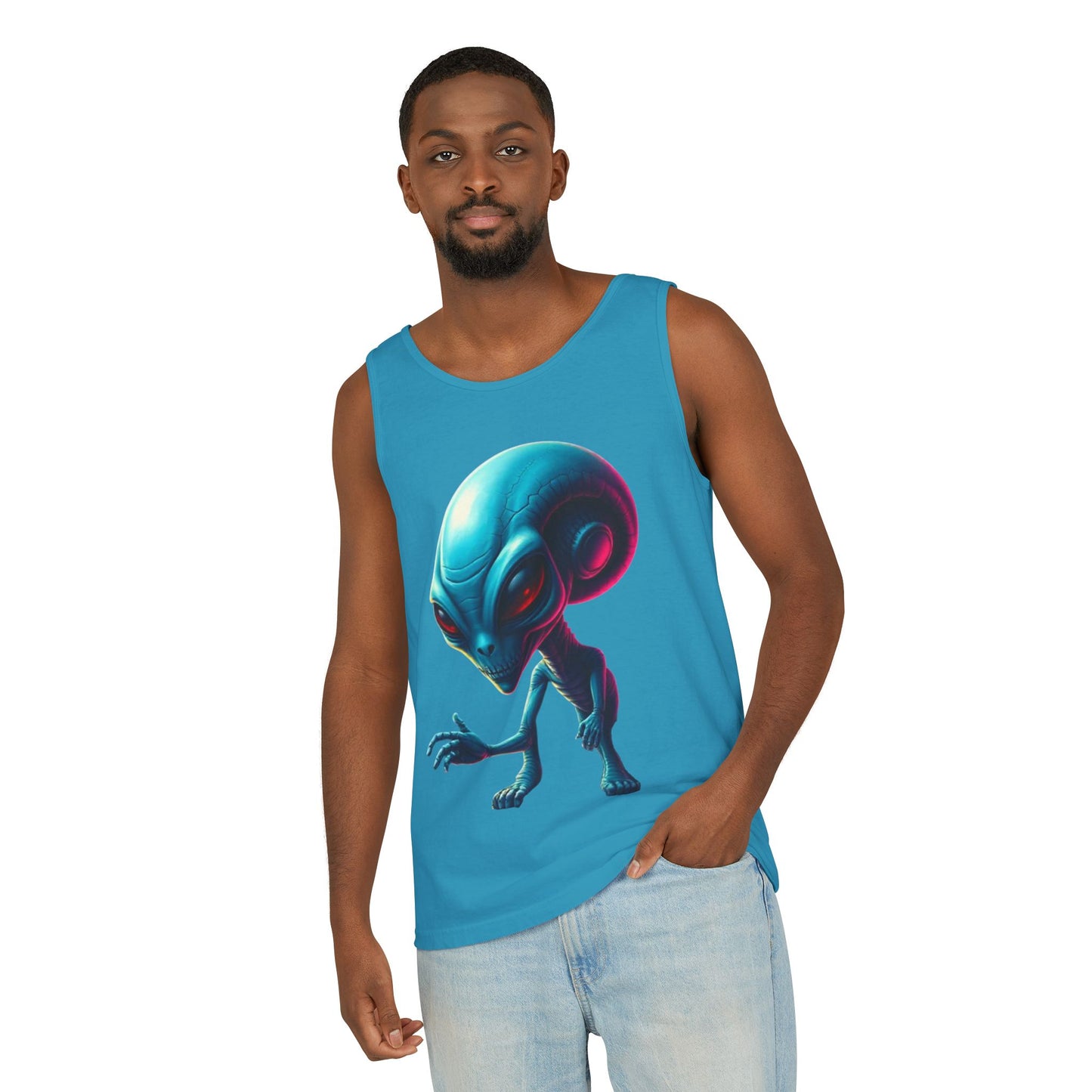 Alien Graphic Tank Top — Neon Blue Extraterrestrial Illustration