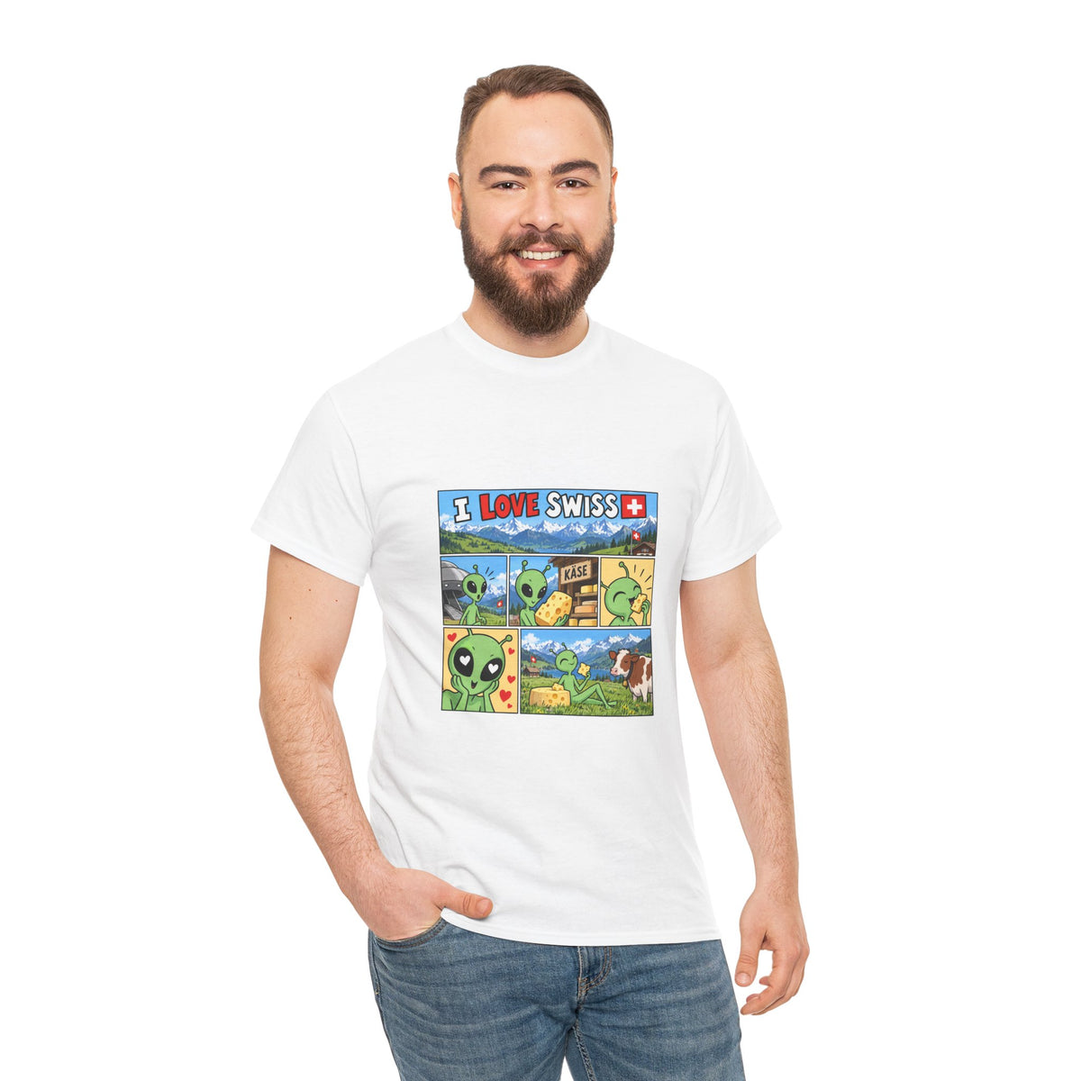 Swiss Comic T-Shirt mit Alien & Kuh – Schweiz Souvenir