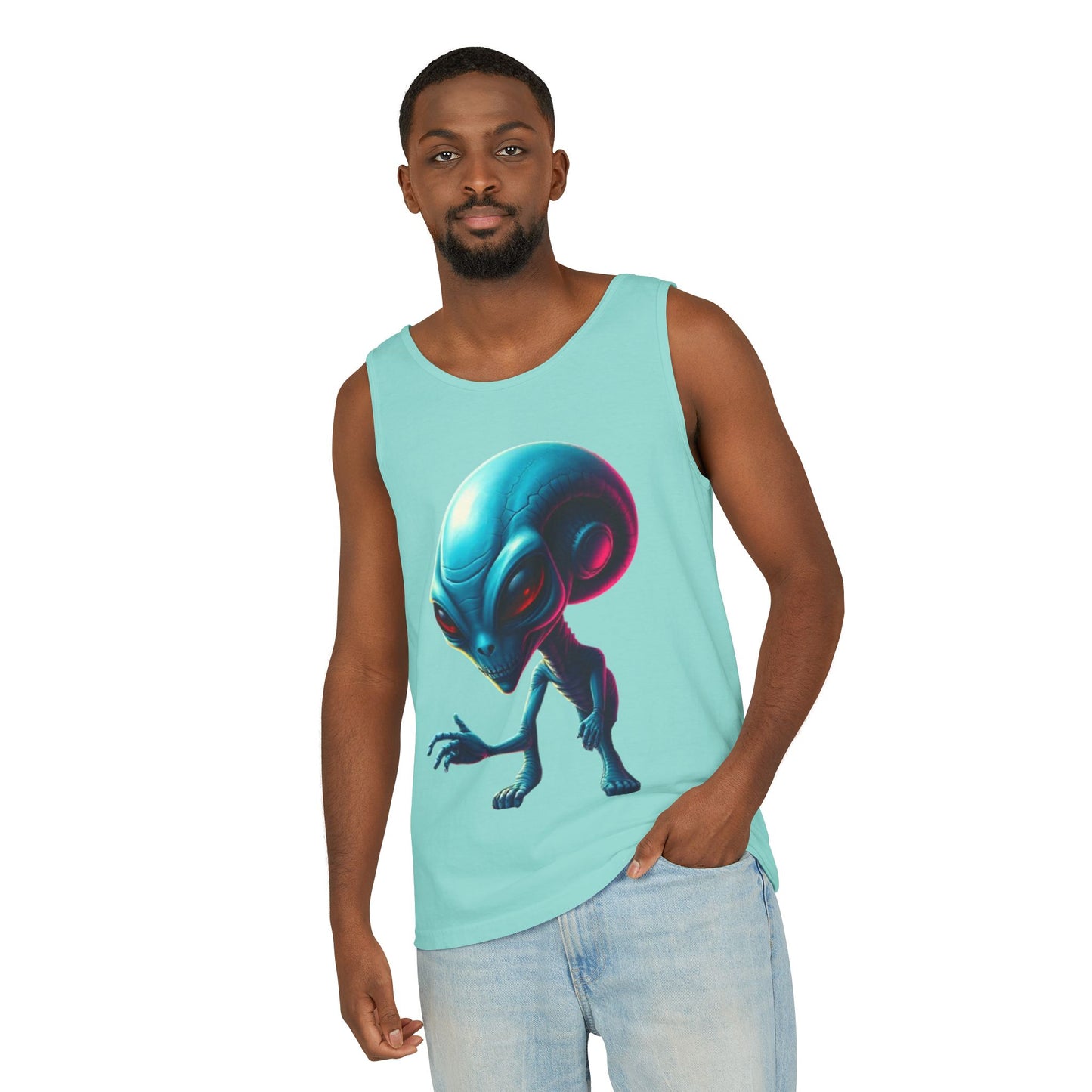 Alien Graphic Tank Top — Neon Blue Extraterrestrial Illustration