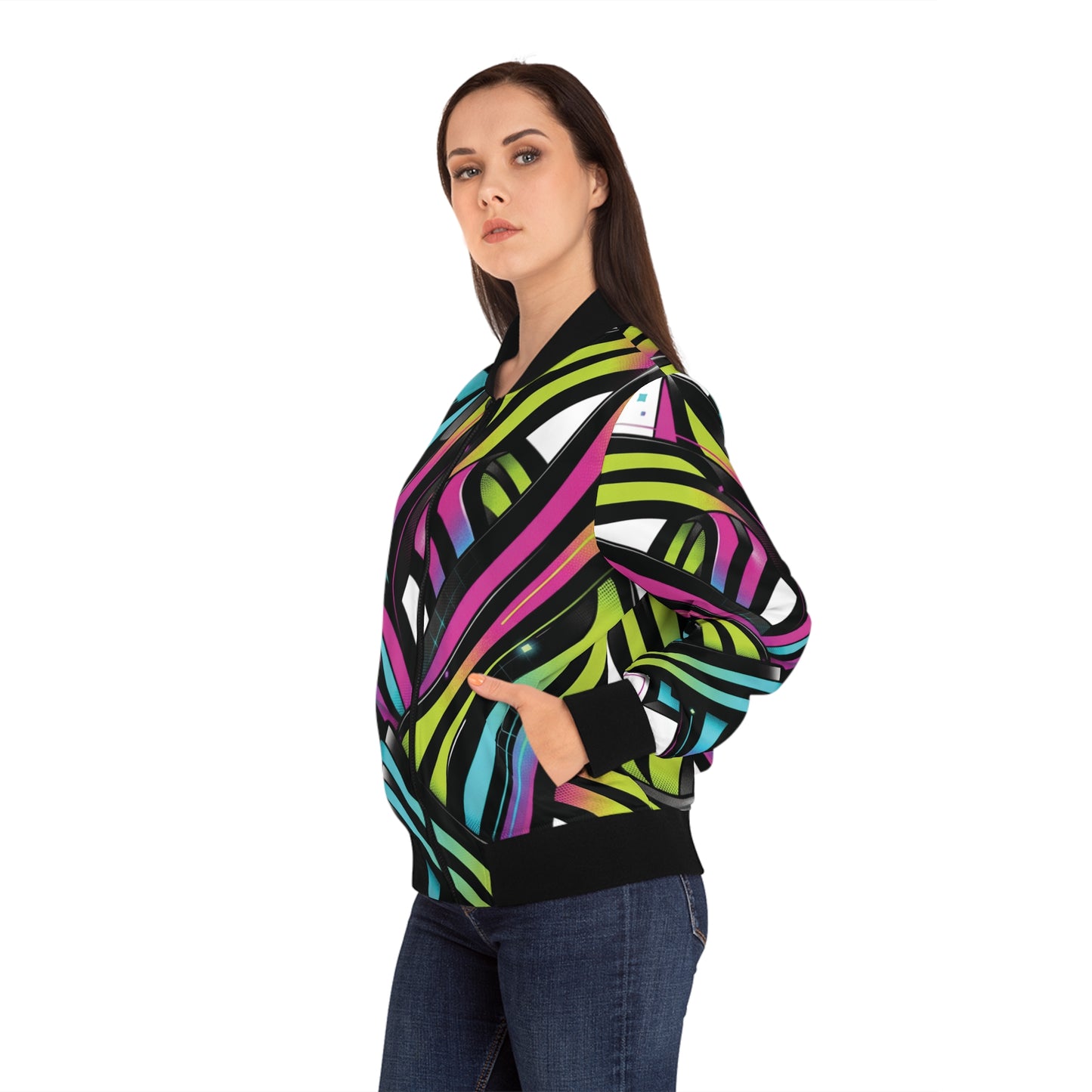Neon Ribbon Women’s Bomber Jacket — Abstract Graffiti AOP