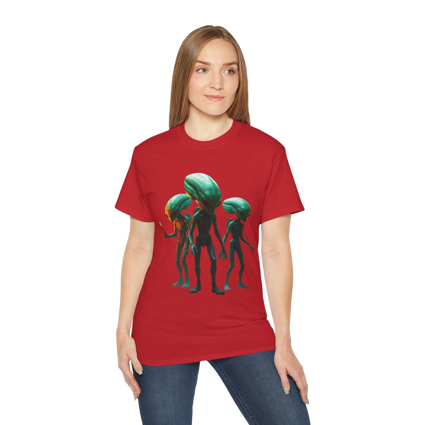 Alien Trio Graphic Tee — Retro Sci‑Fi Crewneck for Fans