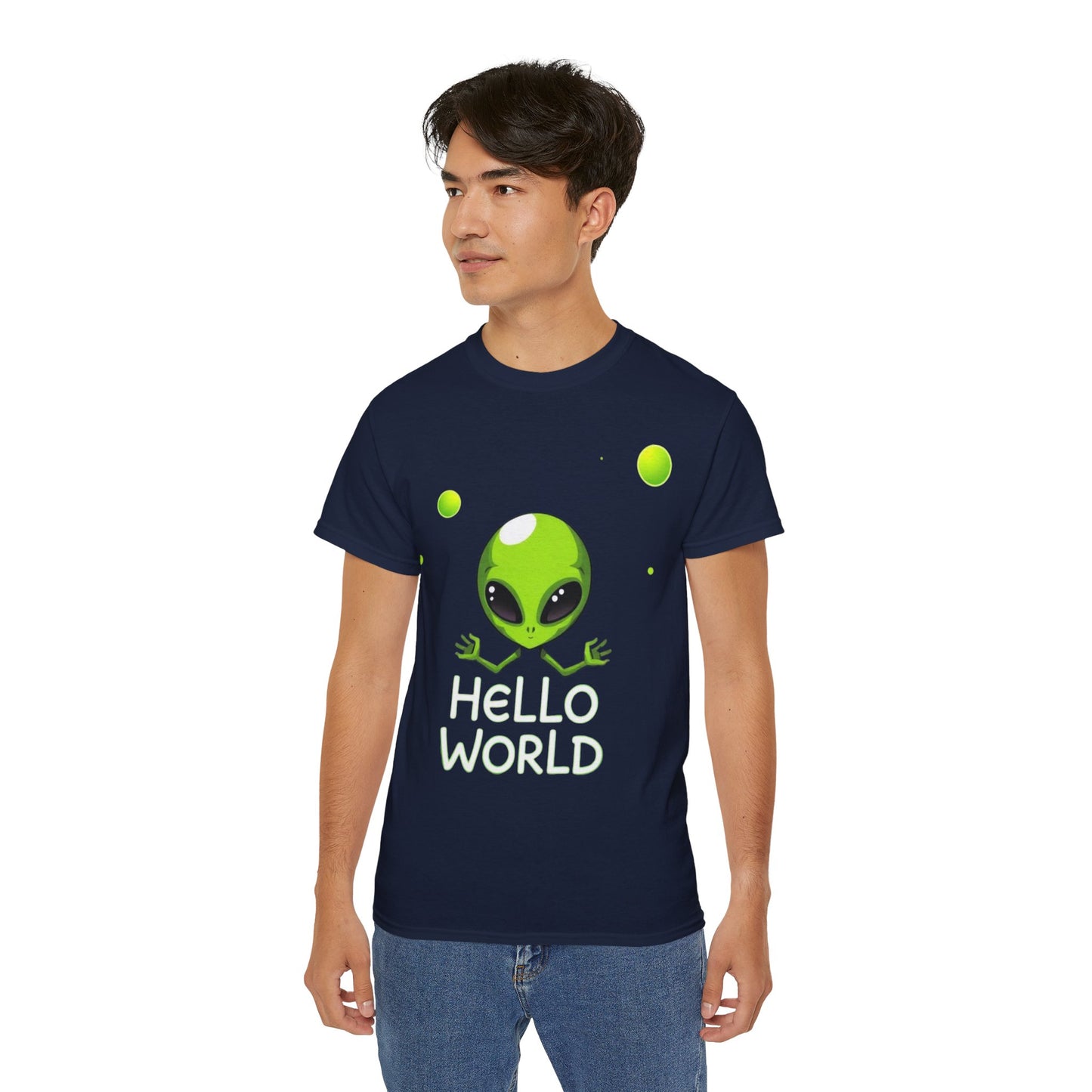 Alien Graphic Tee – "Hello World" Cute Green Alien T‑Shirt