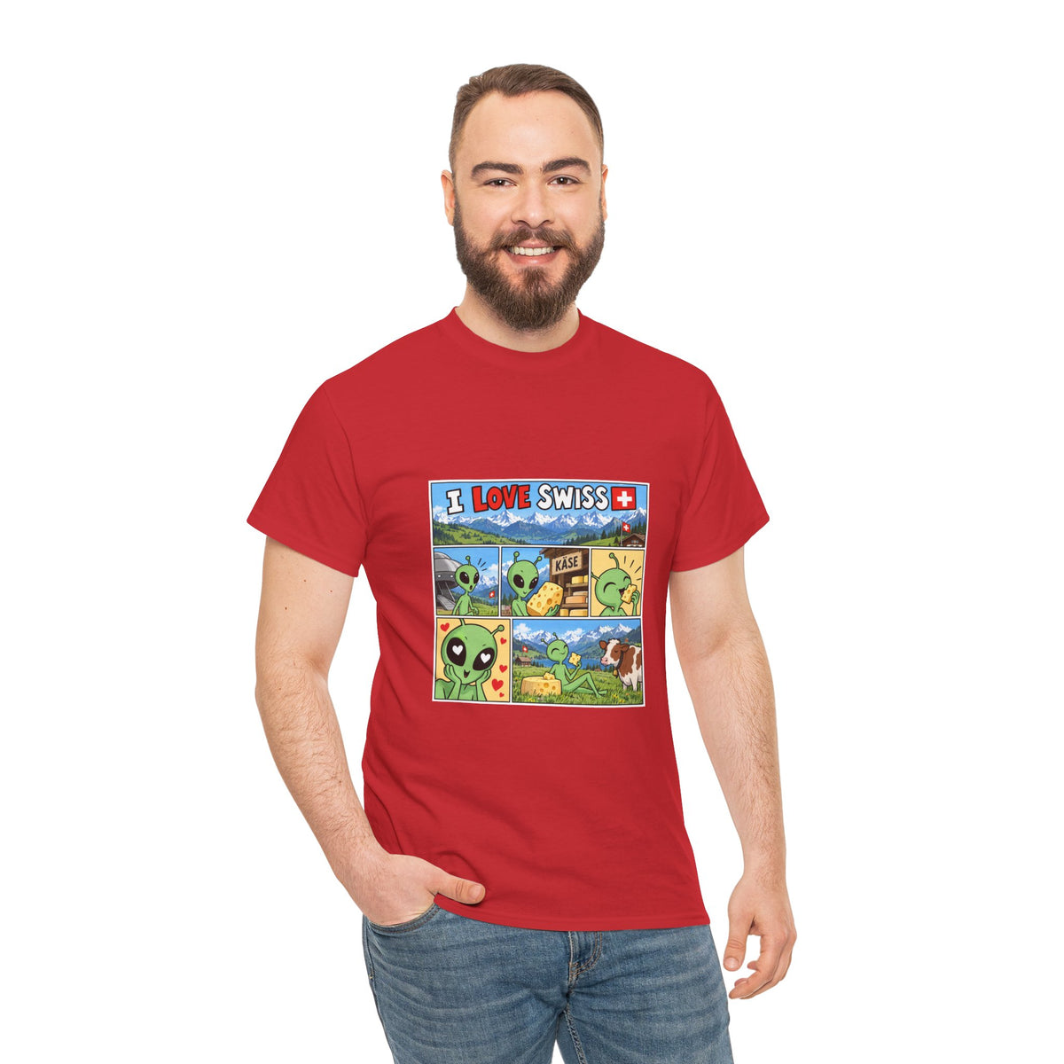 Swiss Comic T-Shirt mit Alien & Kuh – Schweiz Souvenir