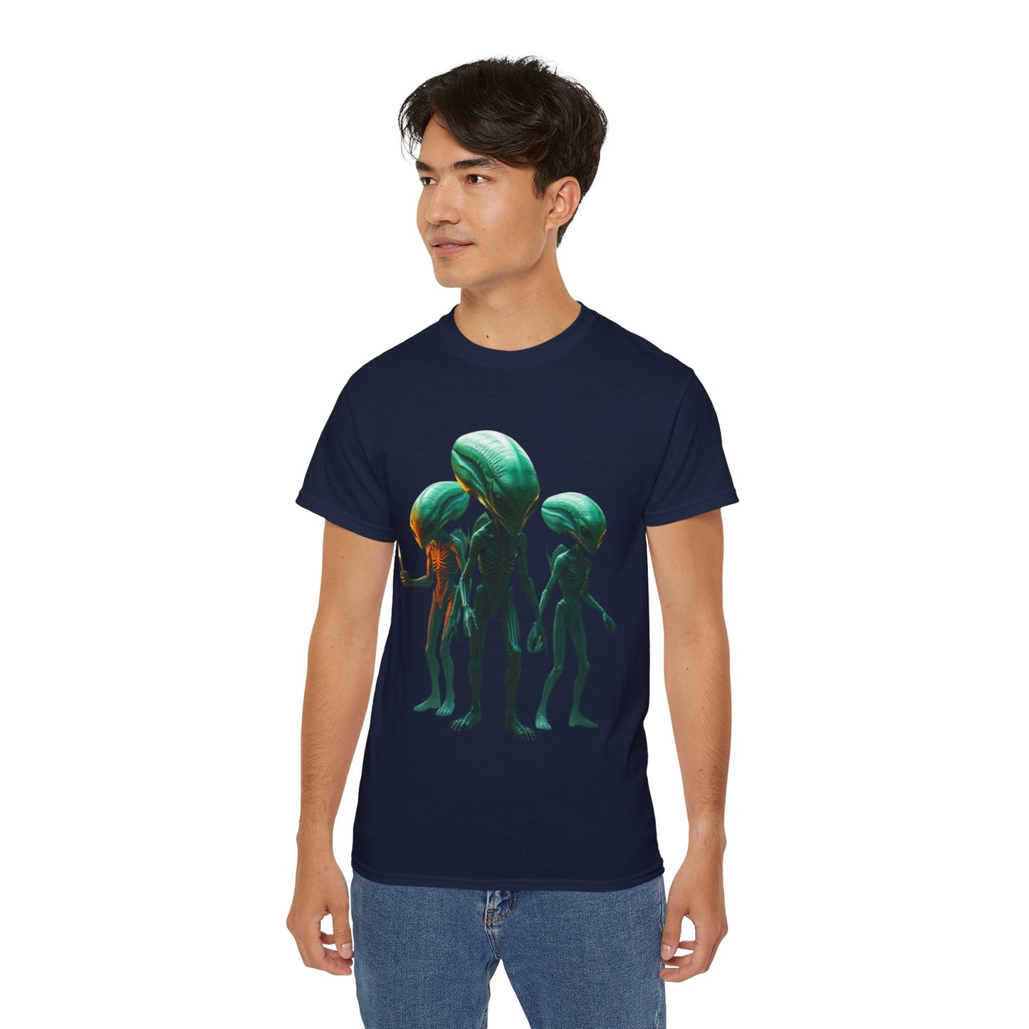 Alien Trio Graphic Tee — Retro Sci‑Fi Crewneck for Fans
