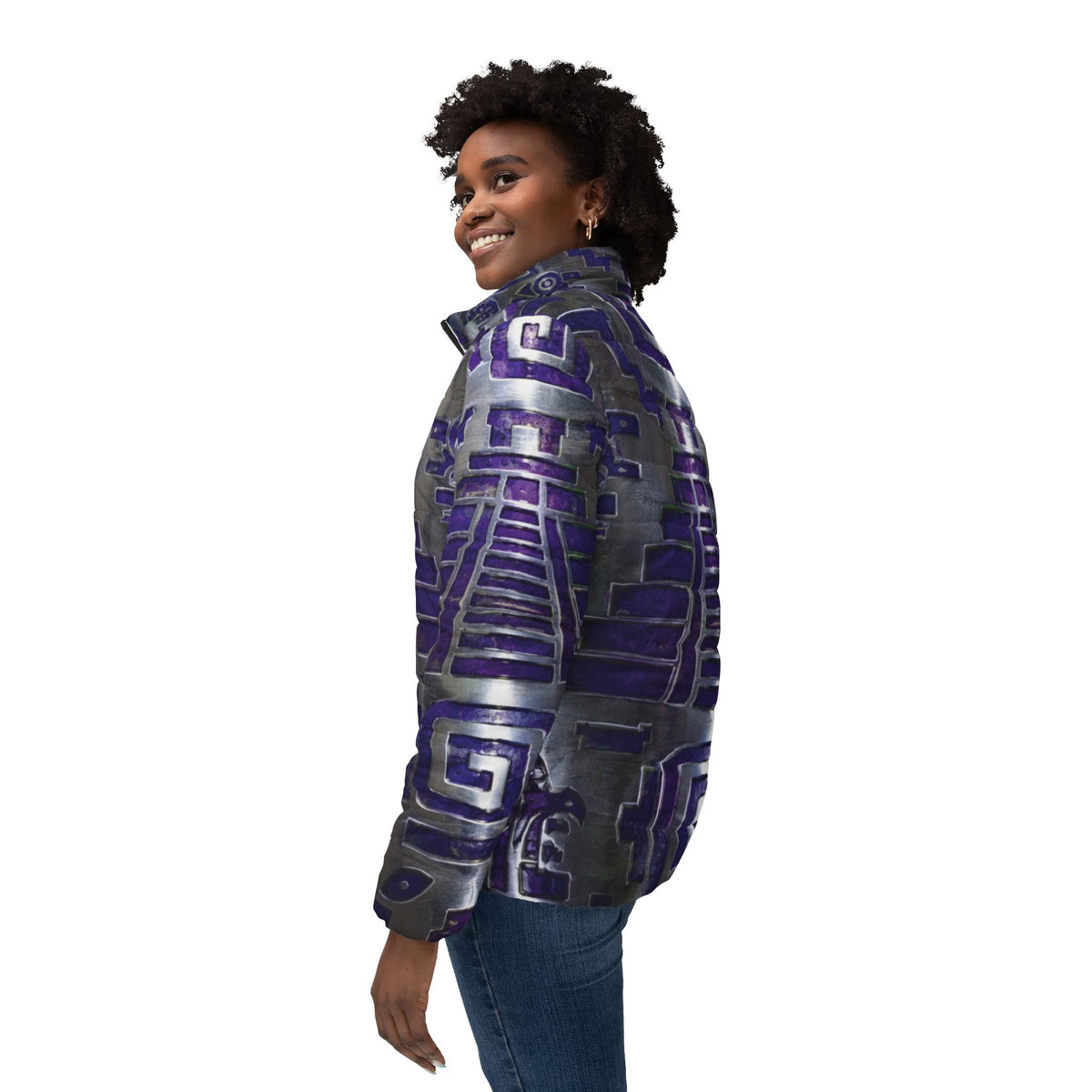 Damen-Steppjacke mit geometrischem Muster in Violett