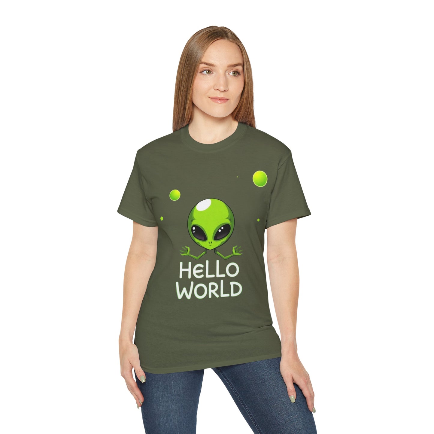Alien Graphic Tee – "Hello World" Cute Green Alien T‑Shirt
