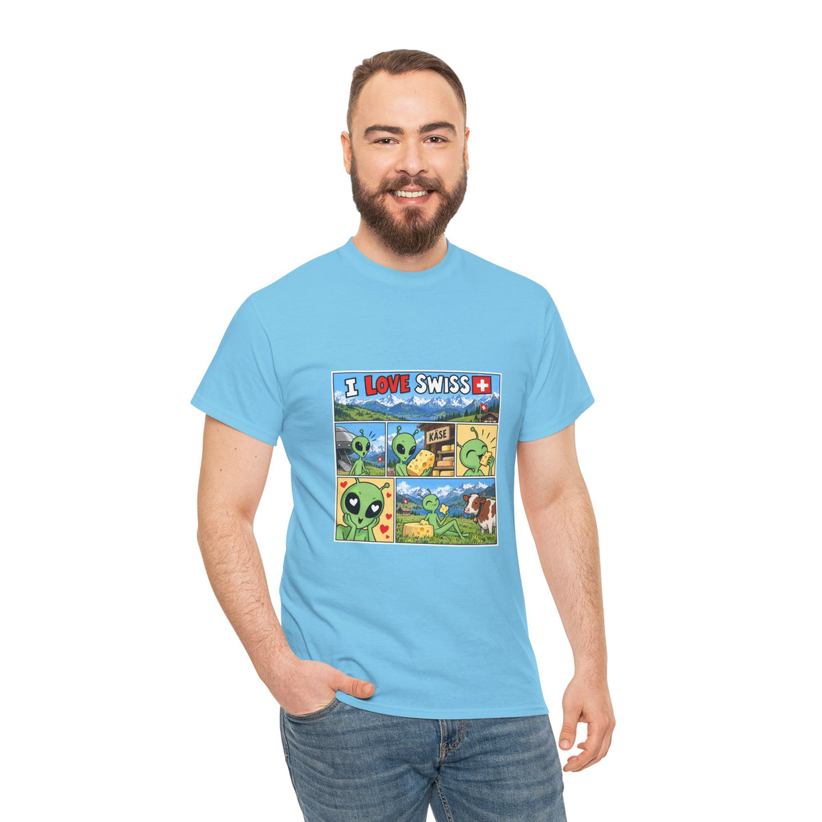 Swiss Comic T-Shirt mit Alien & Kuh – Schweiz Souvenir
