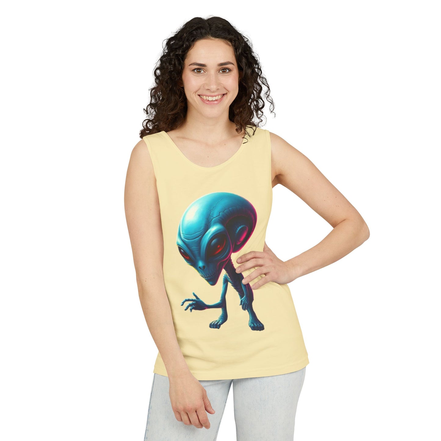 Alien Graphic Tank Top — Neon Blue Extraterrestrial Illustration
