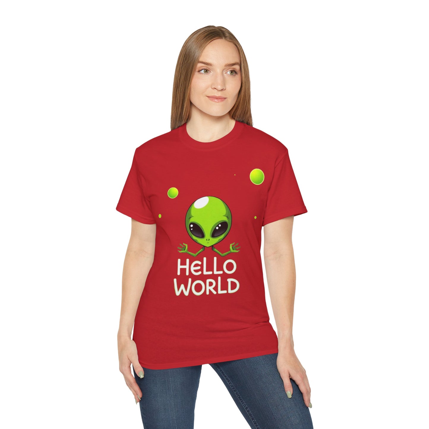 Alien Graphic Tee – "Hello World" Cute Green Alien T‑Shirt