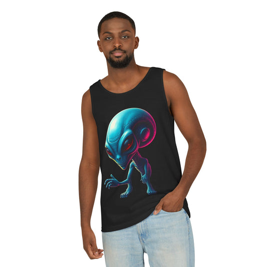 Alien Graphic Tank Top — Neon Blue Extraterrestrial Illustration