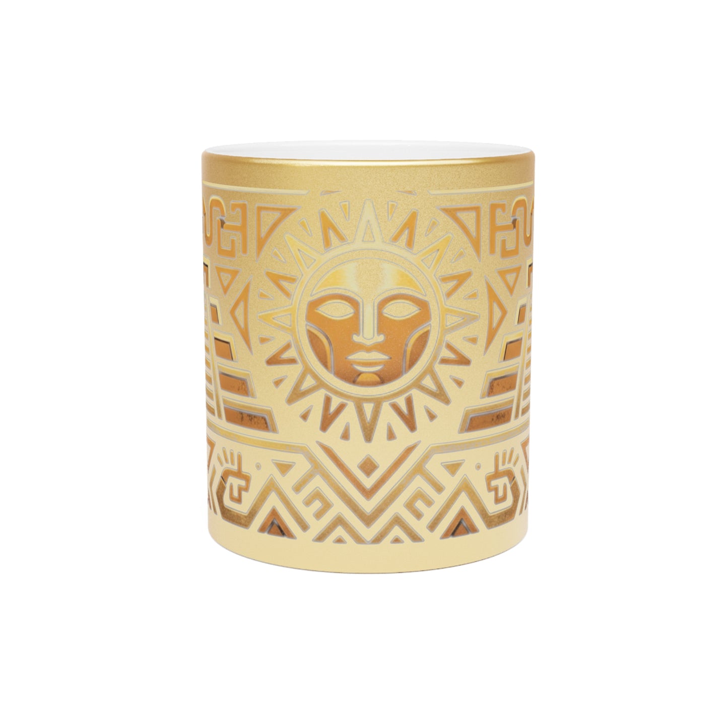 Aztec Sun Metallic Mug — Gold & Silver Tribal Ceramic Coffee Cup