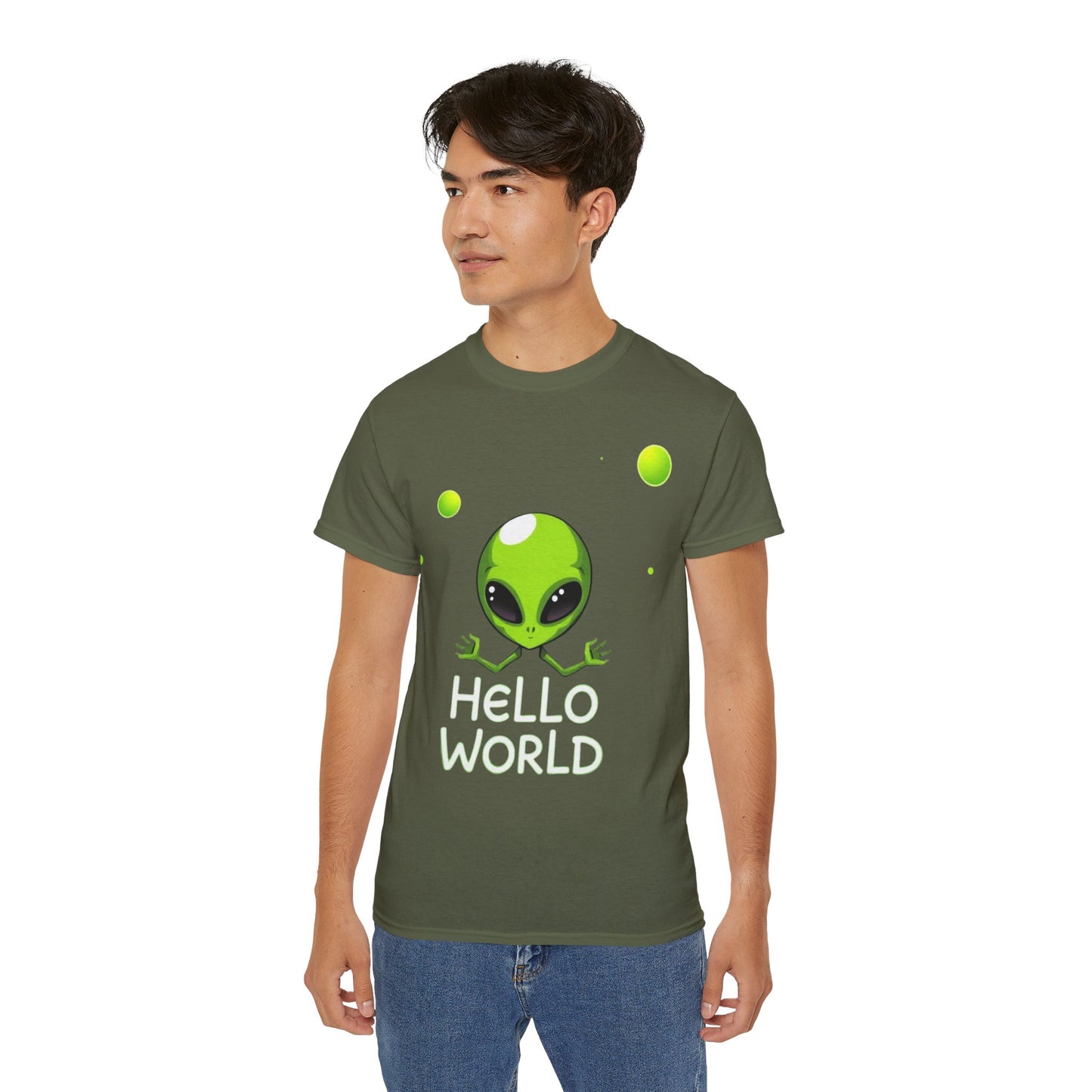 Alien Graphic Tee – "Hello World" Cute Green Alien T‑Shirt