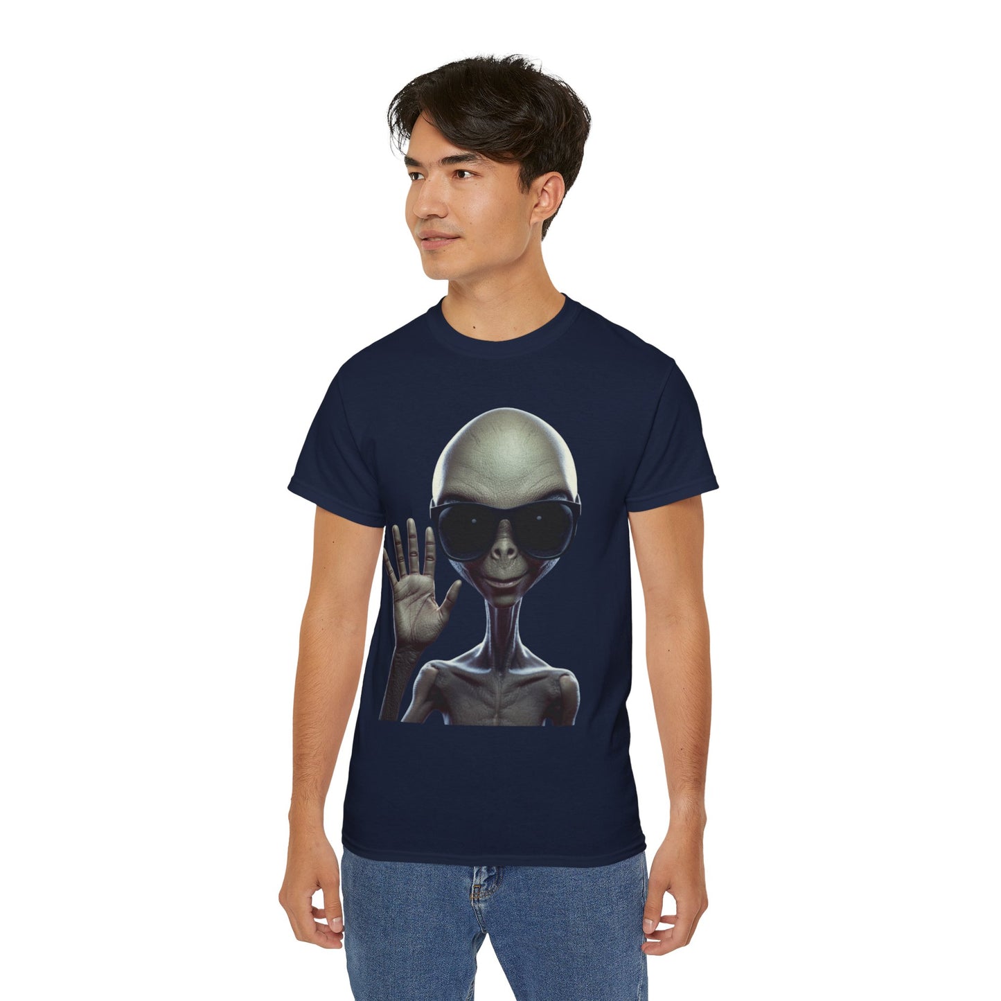 Alien Greeting T-Shirt — Retro Grey Extraterrestrial Waving Graphic Tee