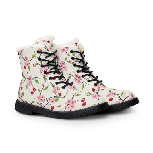 Floral Cherry Fur-Lined Leather Boots — Women's Cozy Winter Lace-Up