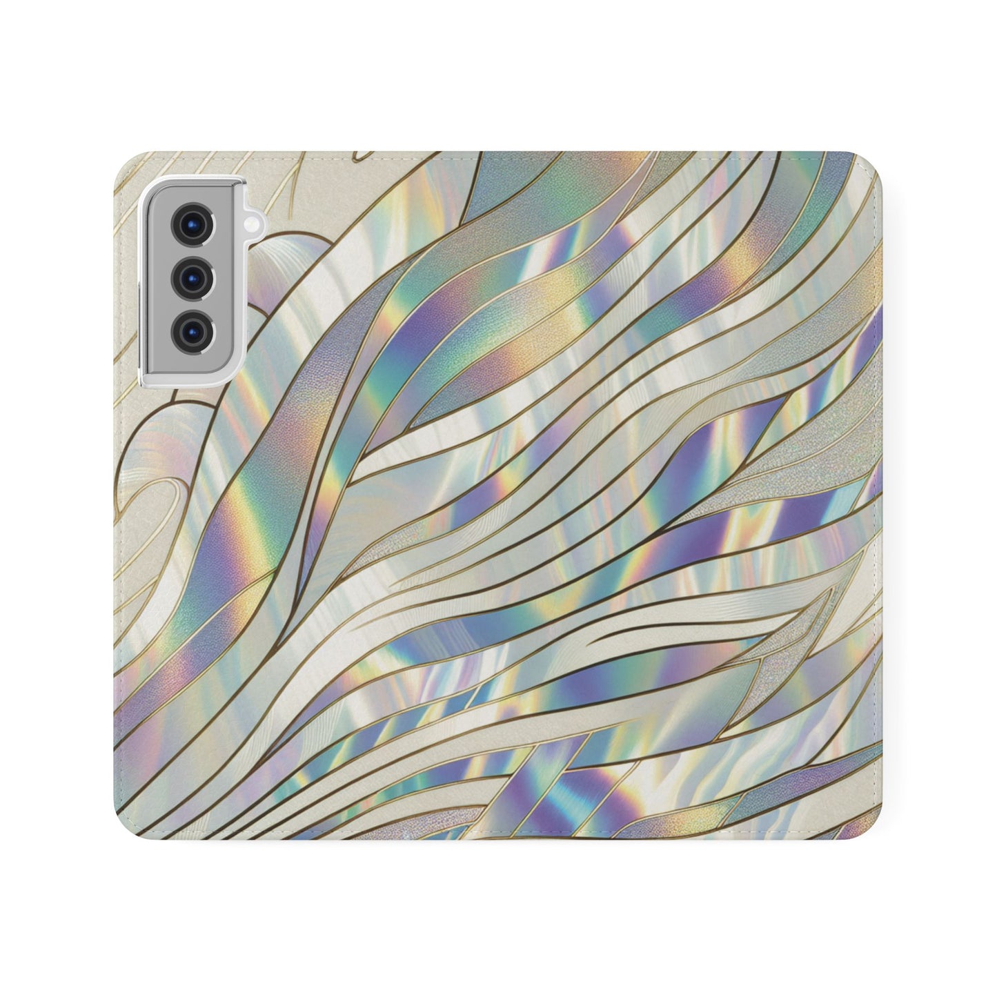 Holographic Wave Flip Phone Case — Iridescent Marble Wallet Cover
