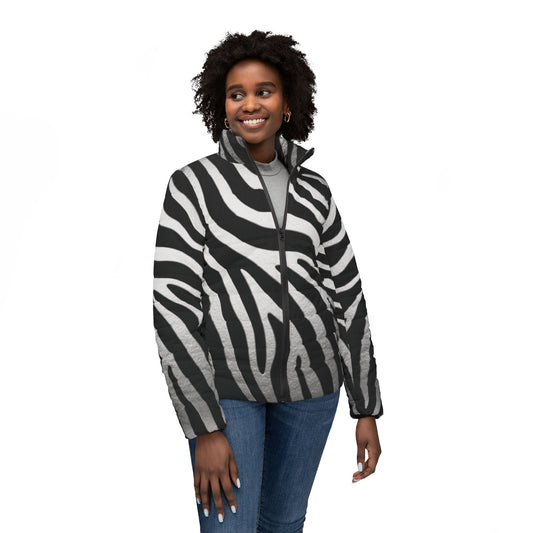 Zebra Print Women's Puffer Jacket – Bold Black & White Winter Coat
