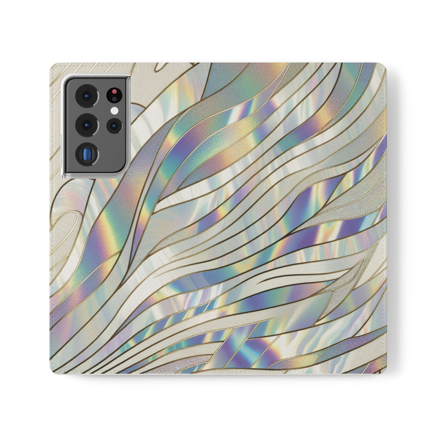 Holographic Wave Flip Phone Case — Iridescent Marble Wallet Cover